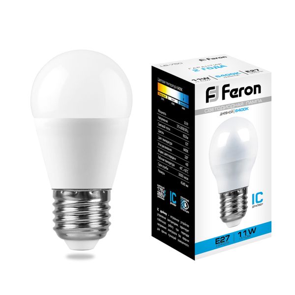 Лампа Шар 11W 6400K E27 G45 LB-750 LED Feron