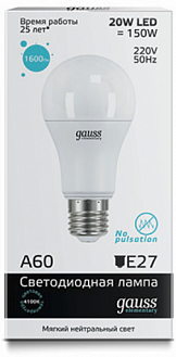 ����� ��� 20W 4100K E27 A60 Gauss Elementary LED 