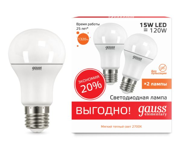 ����� ��� 15W 2700K E27 A60 Gauss LED (����� 2 ��.) 