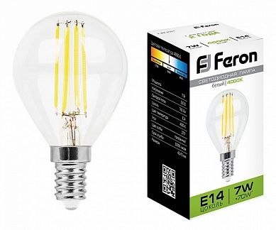 Лампа Шар G45 7W 4000K E14 филамент LB-52 LED Feron