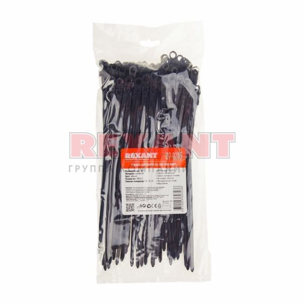 Хомут с отверстием 4.3*200 черный (уп.100 шт) REXANT